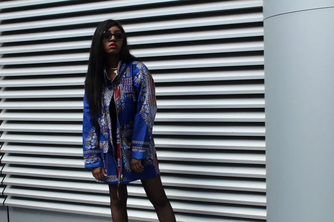 African Peacoat in Bue Dashiki