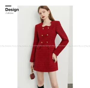 autumn winter  retro jam red irregular lace metal buckle tweed dress