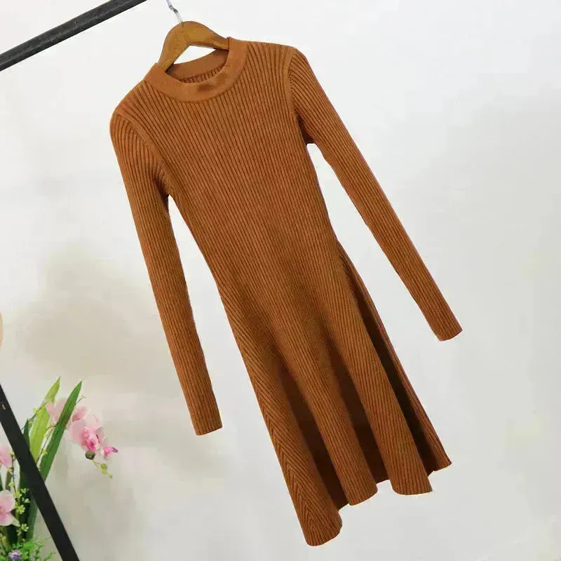 Autumn Winter Round neck Slim fit Mini Flared Sweater Dress