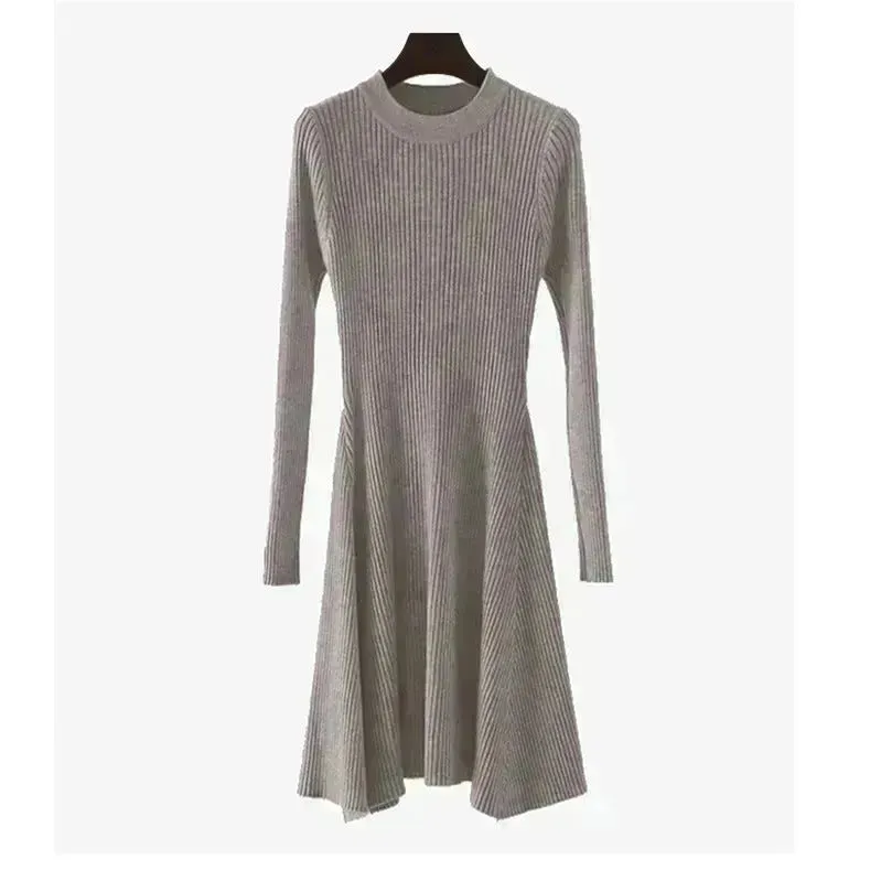 Autumn Winter Round neck Slim fit Mini Flared Sweater Dress