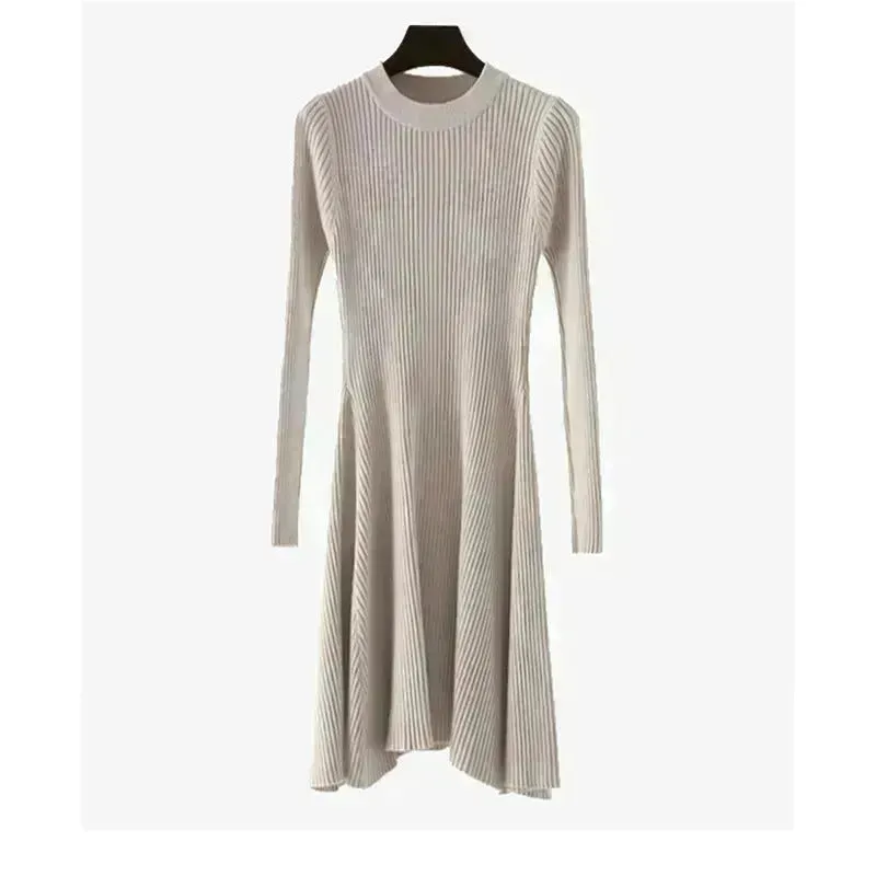 Autumn Winter Round neck Slim fit Mini Flared Sweater Dress