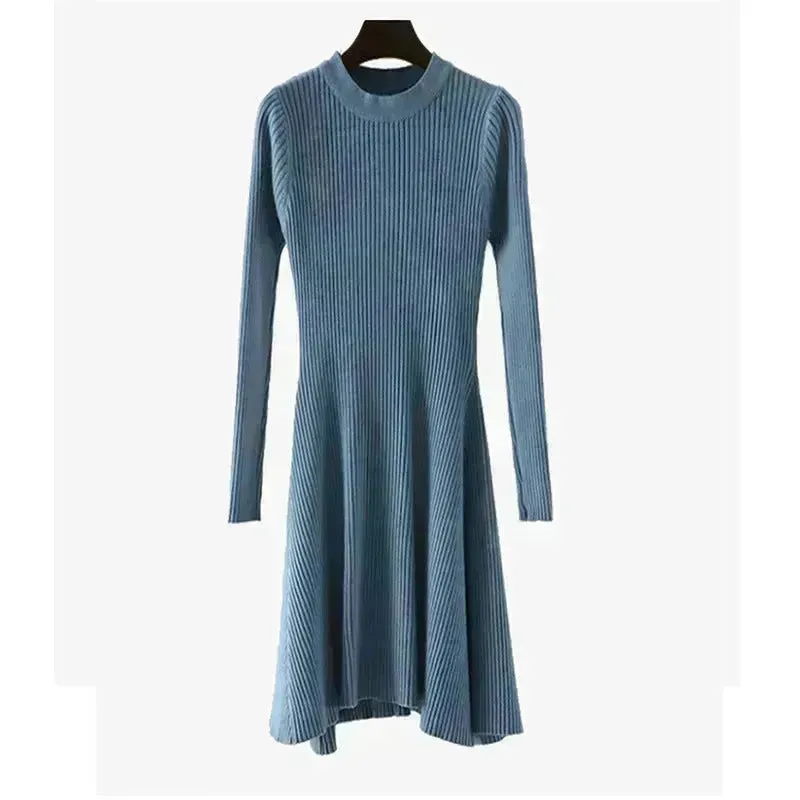 Autumn Winter Round neck Slim fit Mini Flared Sweater Dress