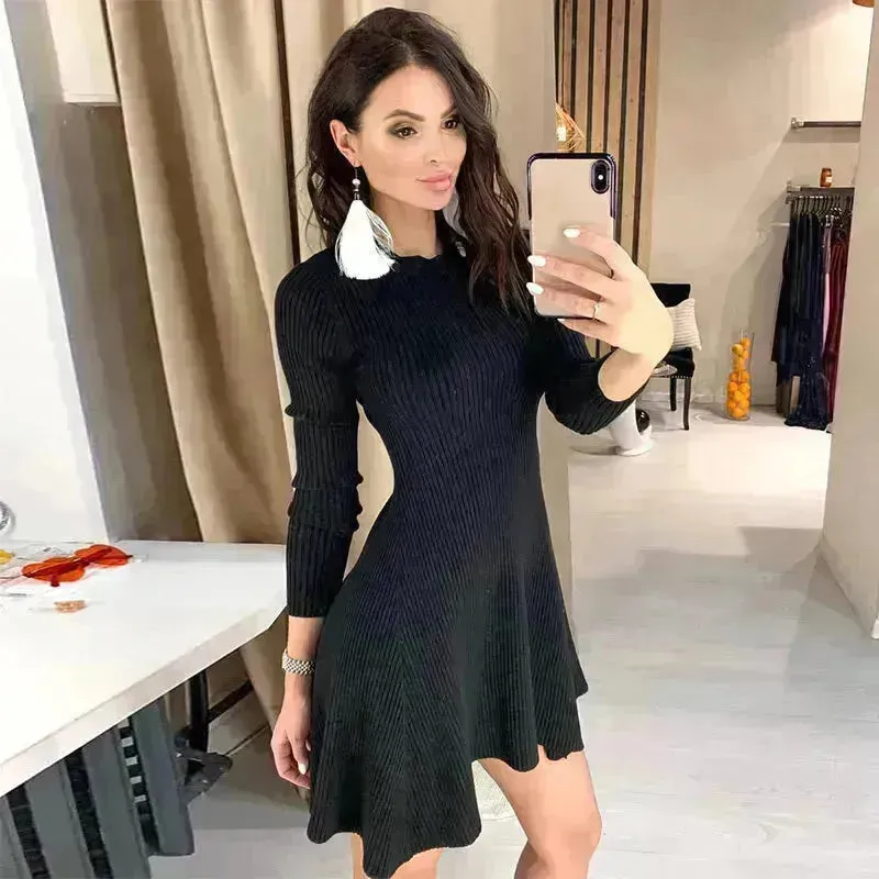 Autumn Winter Round neck Slim fit Mini Flared Sweater Dress