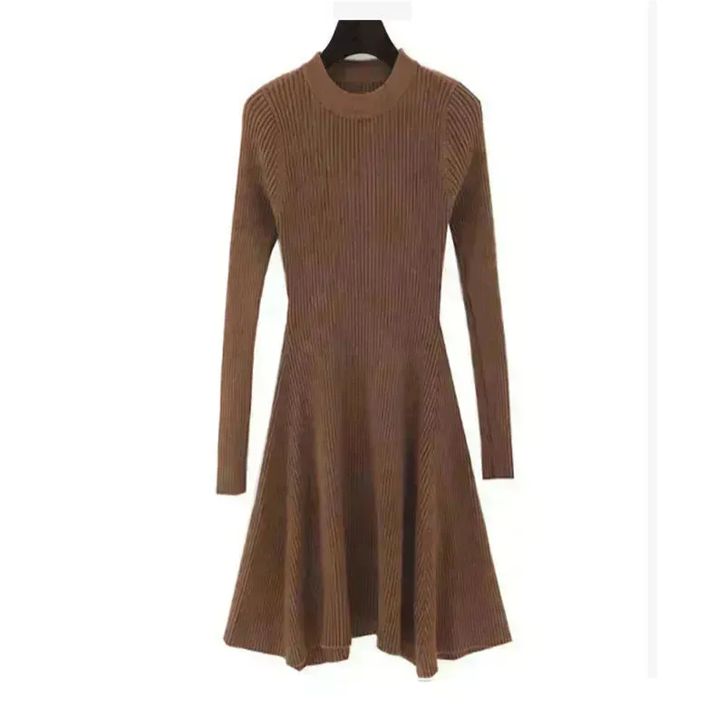 Autumn Winter Round neck Slim fit Mini Flared Sweater Dress