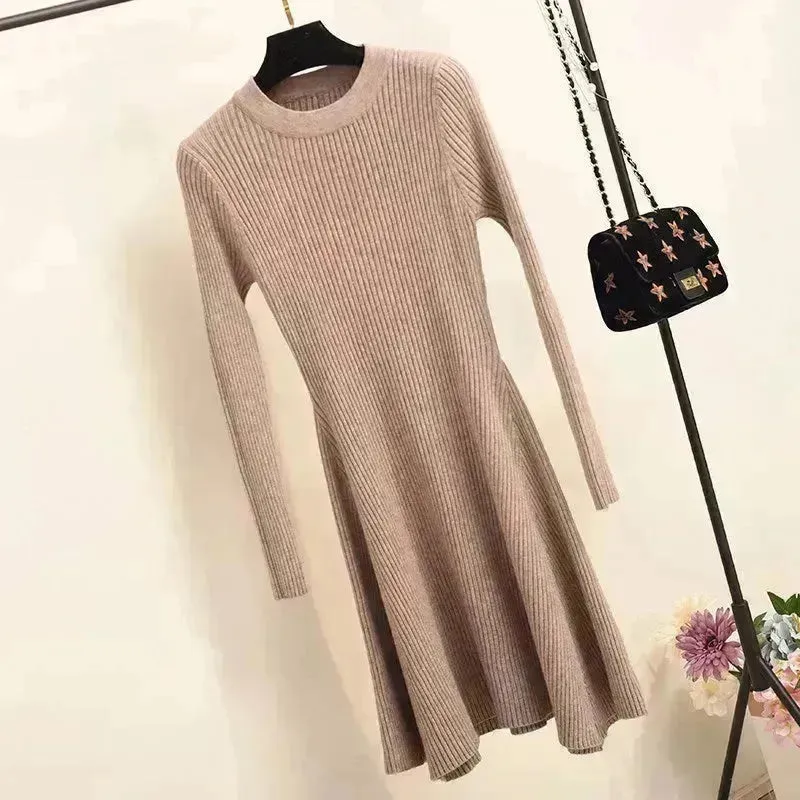 Autumn Winter Round neck Slim fit Mini Flared Sweater Dress