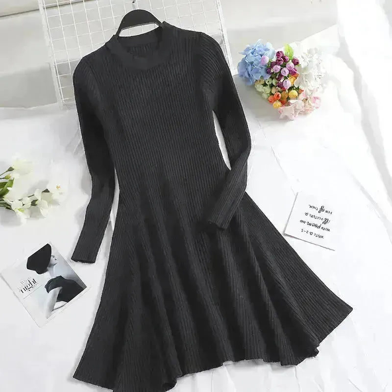 Autumn Winter Round neck Slim fit Mini Flared Sweater Dress