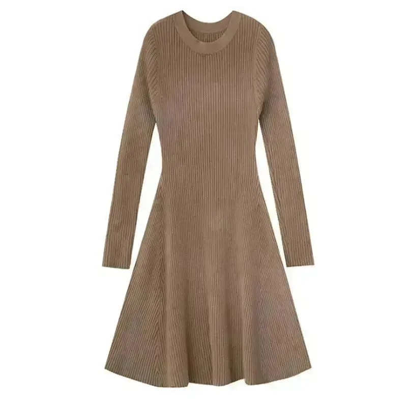 Autumn Winter Round neck Slim fit Mini Flared Sweater Dress