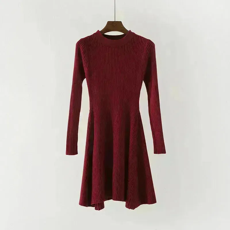 Autumn Winter Round neck Slim fit Mini Flared Sweater Dress