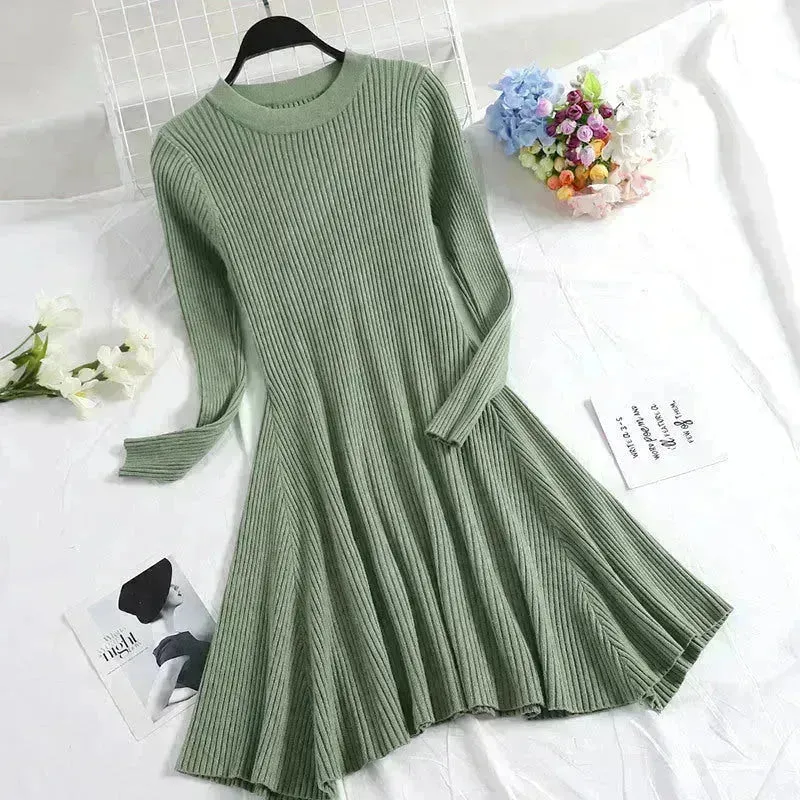 Autumn Winter Round neck Slim fit Mini Flared Sweater Dress