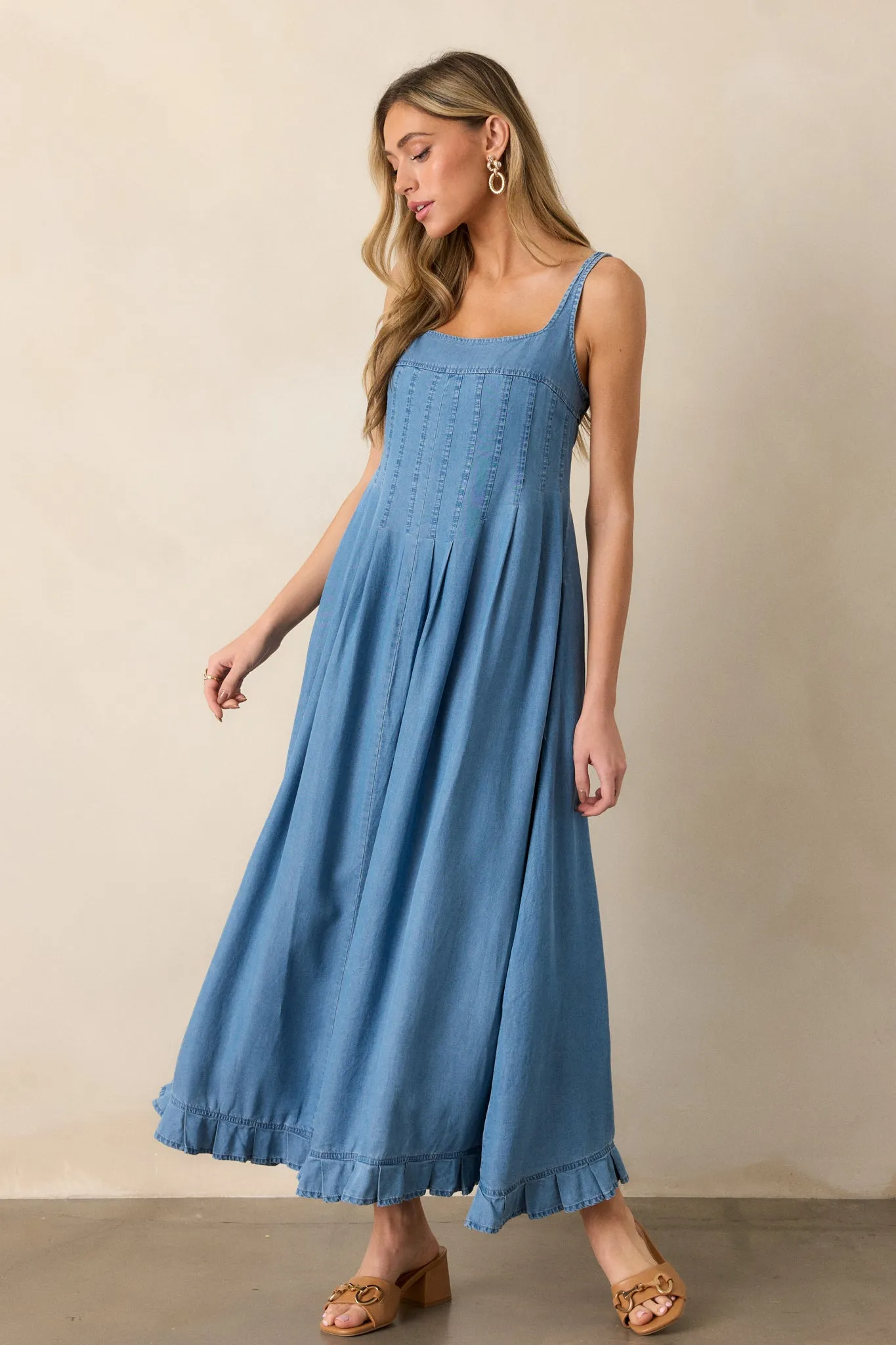 Cascading Echoes Blue Chambray Maxi Dress