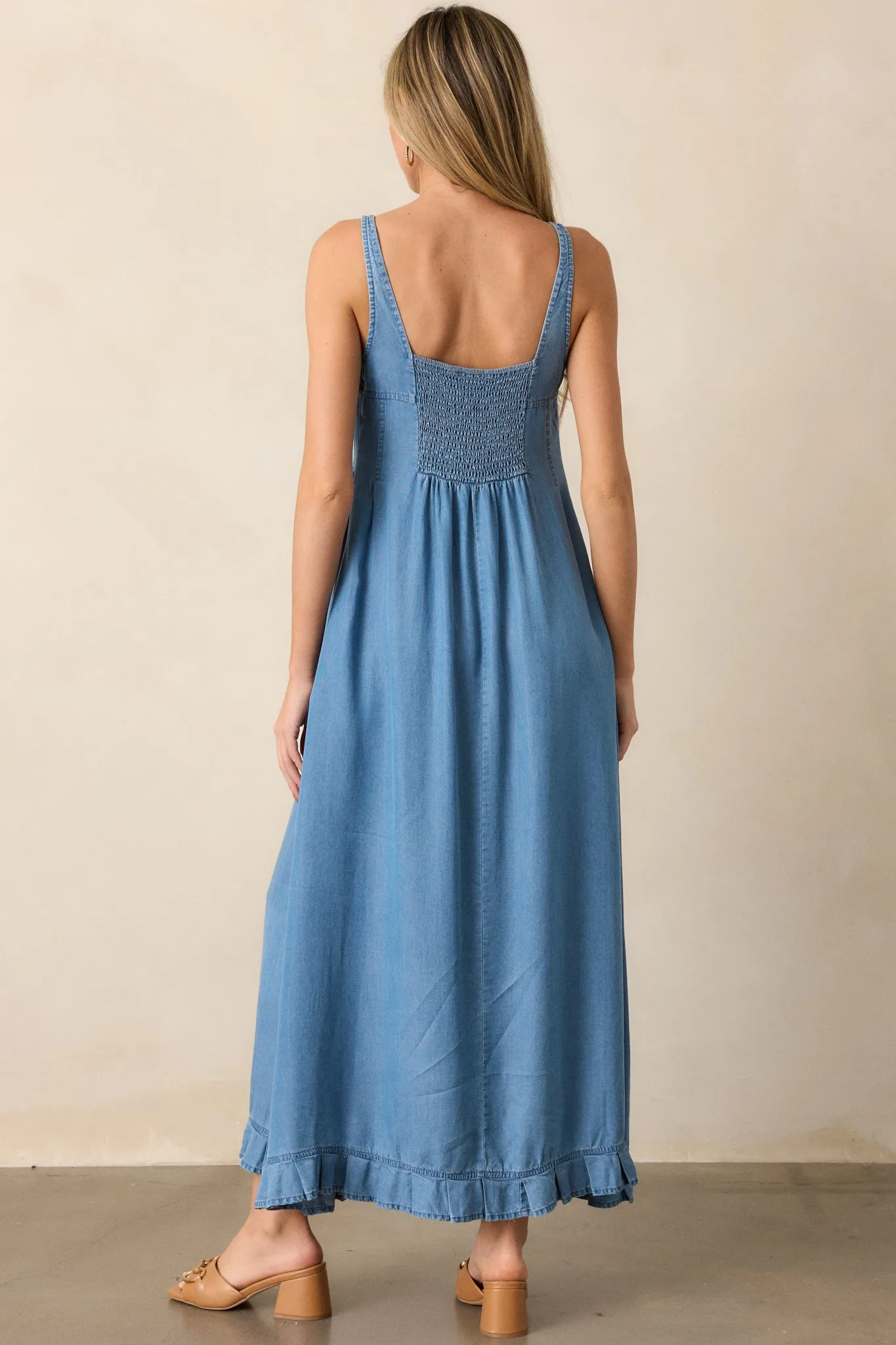 Cascading Echoes Blue Chambray Maxi Dress