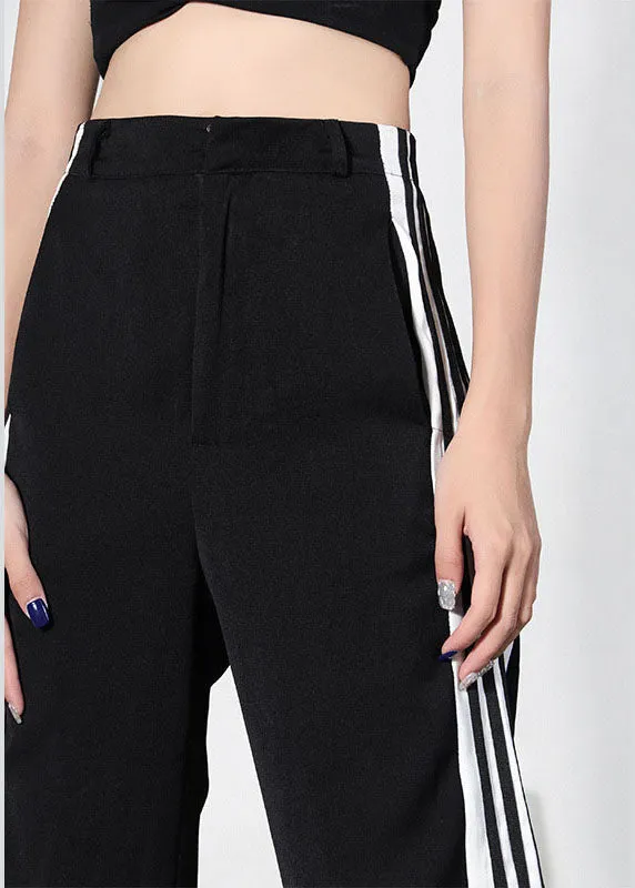 French Black Side Open Striped Pants High Waist