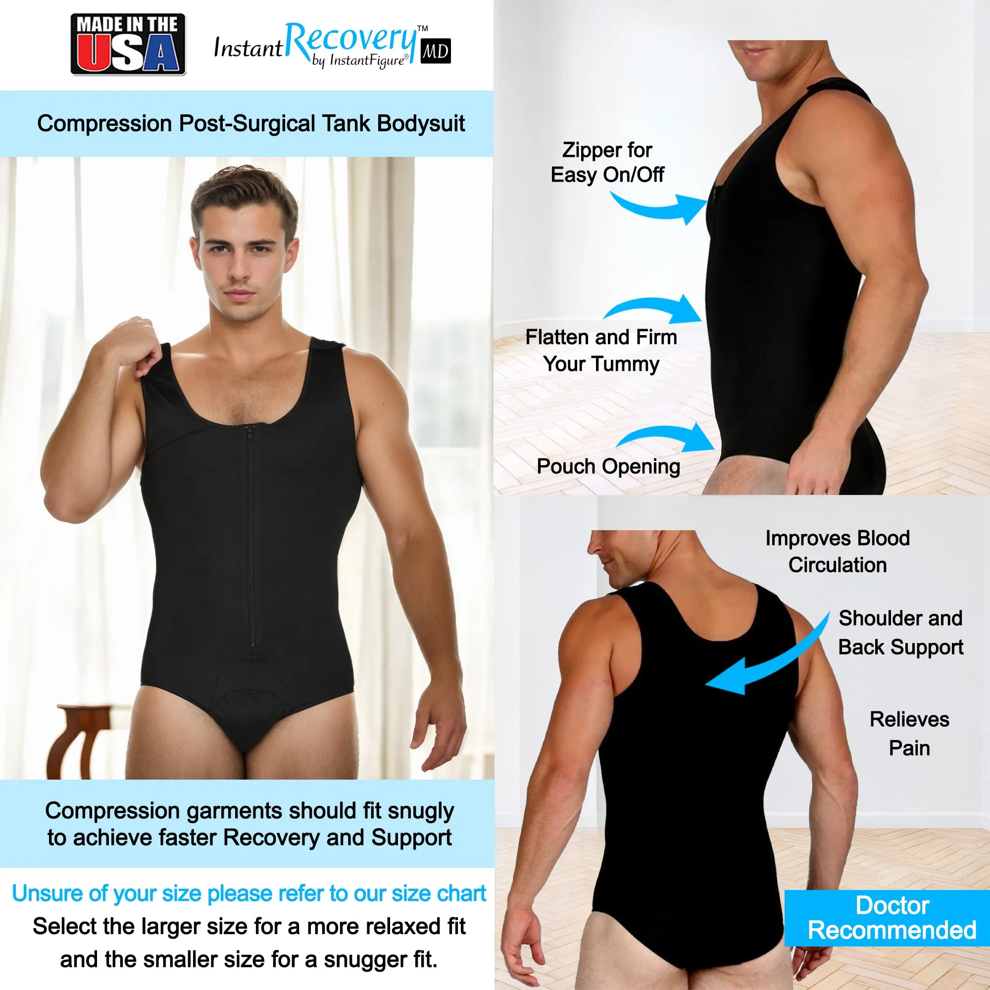 InstantRecoveryMD Men's Compression Post-Surgical Tank Bodysuit MD308