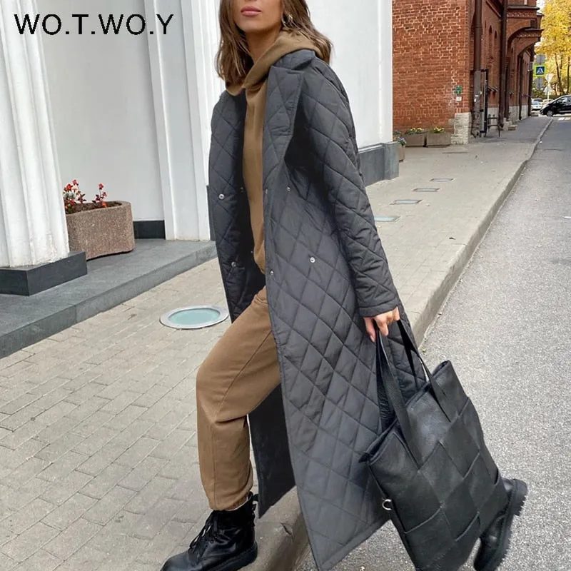 Joskaa Christmas Gift WOTWOY Argyle Long Cotton-padded Parkas Women Belted Thick Warm Winter Jacket Female Casual Solid Coats Female 2024 Overcoat