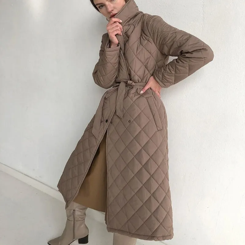 Joskaa Christmas Gift WOTWOY Argyle Long Cotton-padded Parkas Women Belted Thick Warm Winter Jacket Female Casual Solid Coats Female 2024 Overcoat