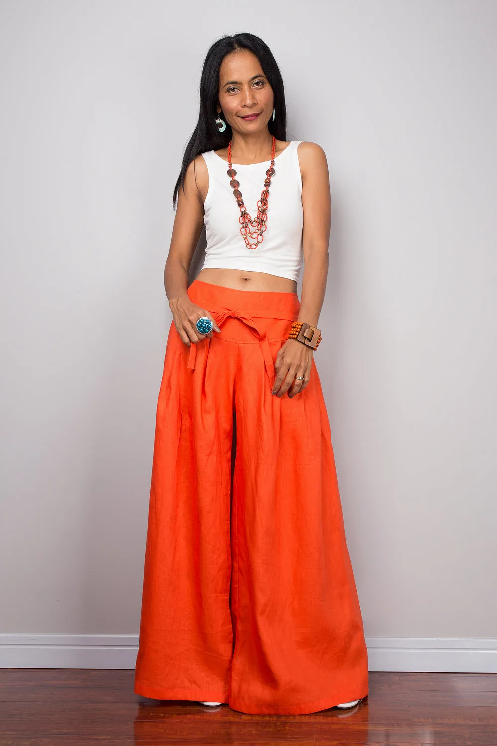 Linen Pants - Wide Leg Pants - Orange Pants