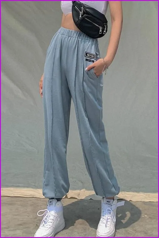 Side Pocket High Waist Blue Jogger Pants DA138