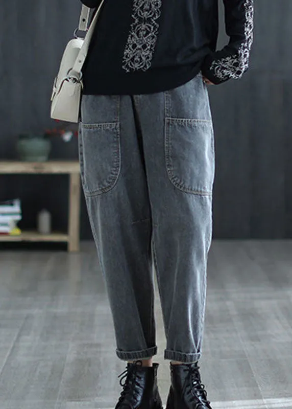 Vintage Grey High Waist Pockets Harem Fall Denim Pants