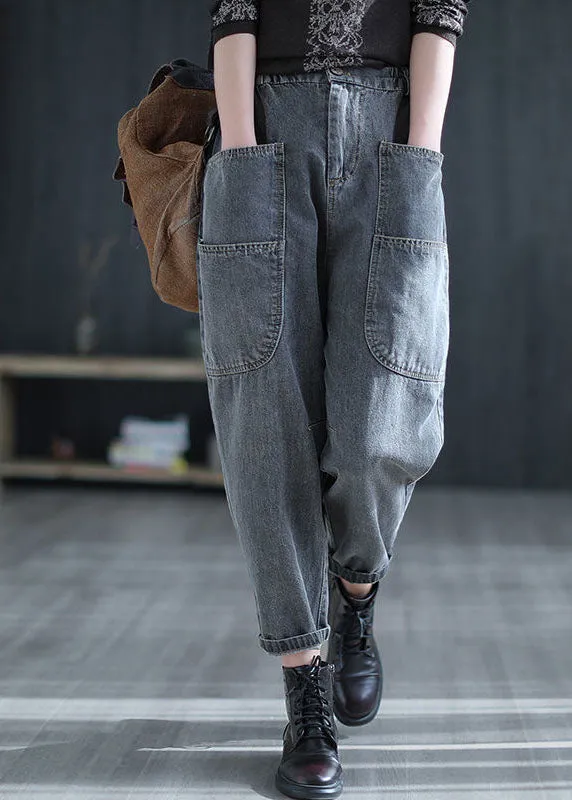 Vintage Grey High Waist Pockets Harem Fall Denim Pants