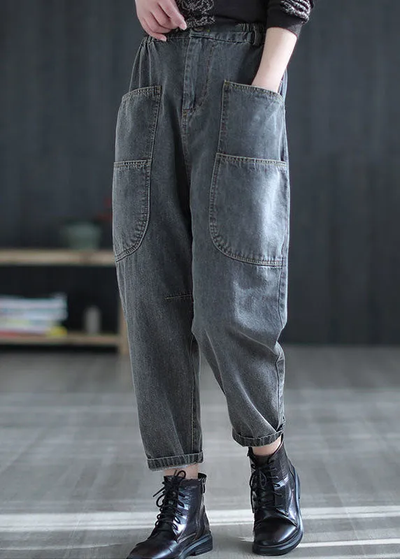 Vintage Grey High Waist Pockets Harem Fall Denim Pants