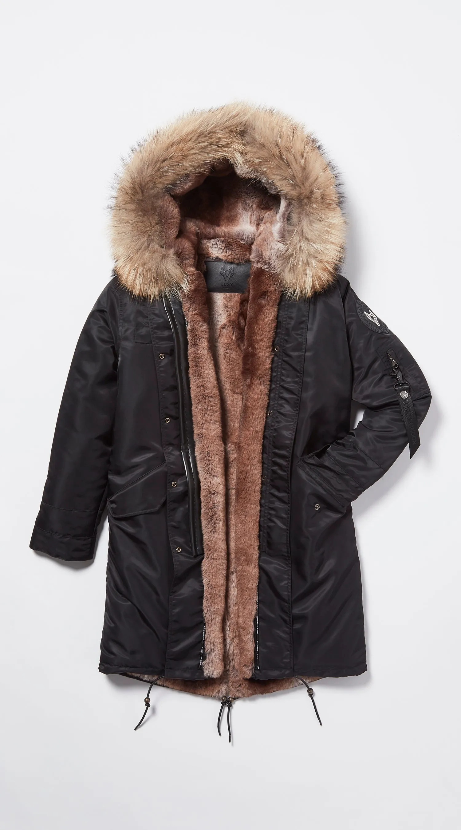 Womens Black Water-Repellent Luxy Fur Parka - 3/4 Natural