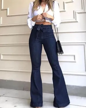 Women's Jeans 2022 Trend Autumn Fashion High Waist Casual Plain Skinny Daily Long Bell-Bottom Jeans Wih Belt