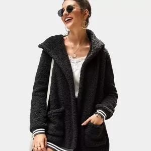 Zip Up Long Sherpa Jacket With Hood Fluffy Fleece in Black